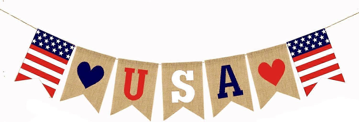 4th of July Patriotic Decoration - Jute Burlap American String Pennant Flag Banner for Mantel Mantel