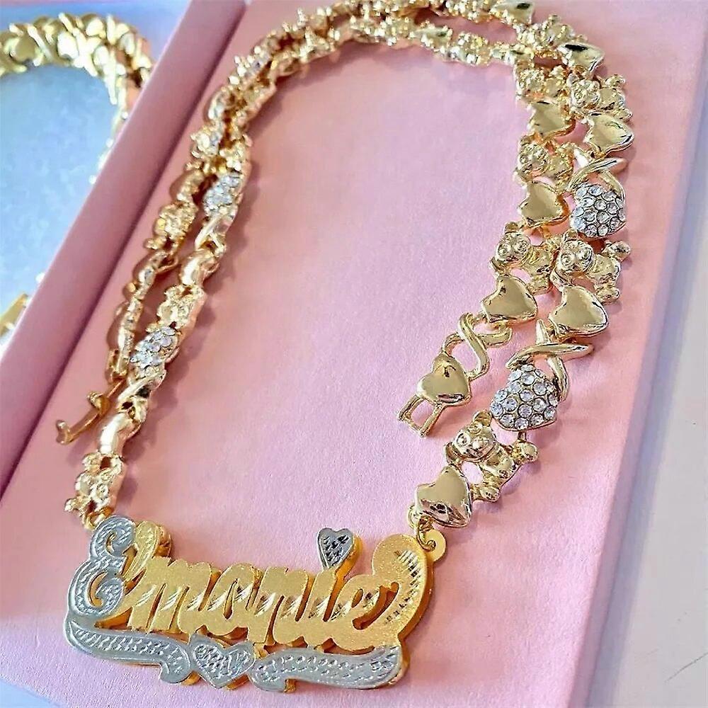 VishowCo Custom Gold Plated Name Necklace Two Tone with Heart Necklace Teddy Heart XOXO Chain Double Layer Necklace