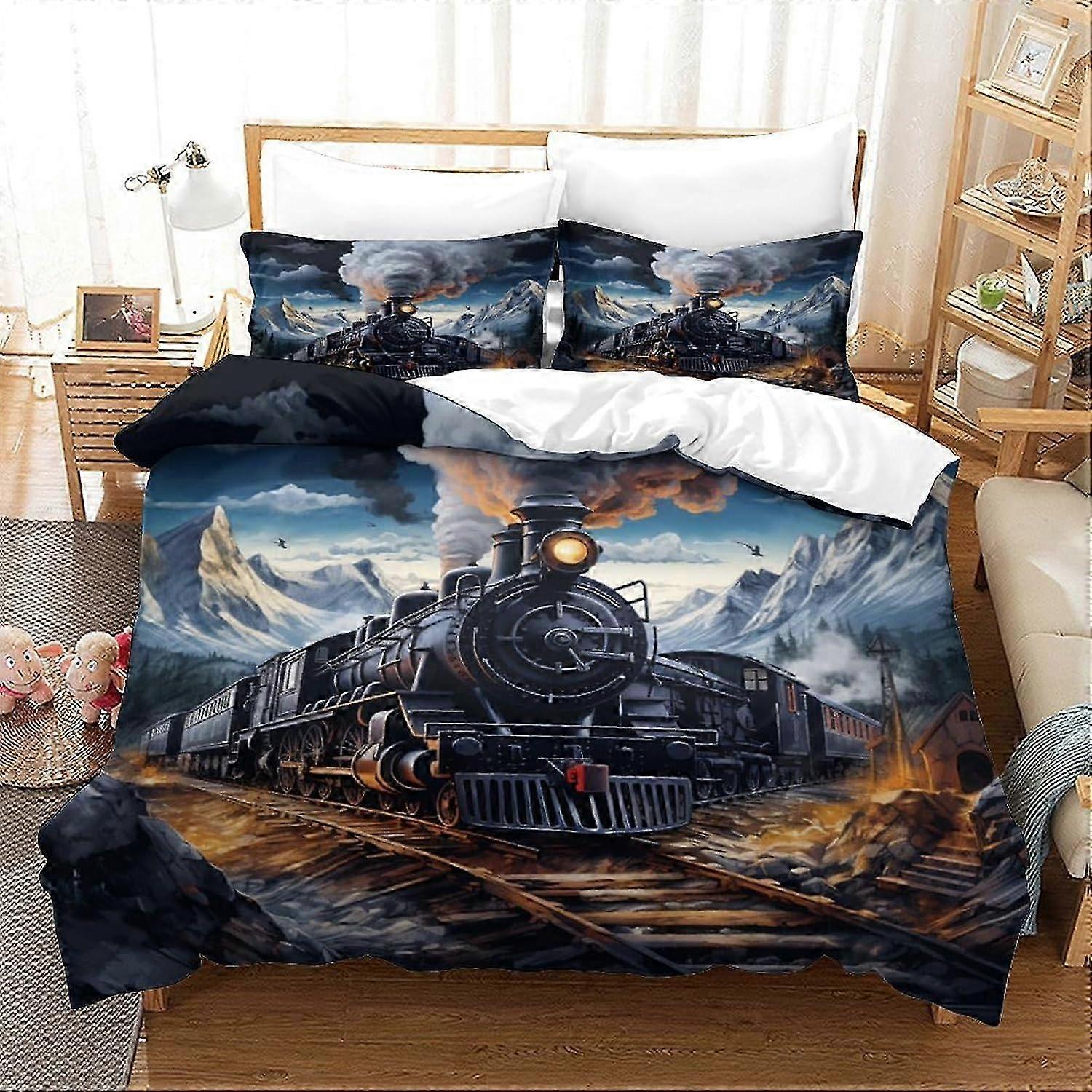 J1399 Povlečení vlak 3D povlak na přikrývku Sady povlečení Měkké mikrovlákno 3dílné povlaky na přikrývku s povlaky na polštáře pro děti a dospělé Povlak na přikrývku s 