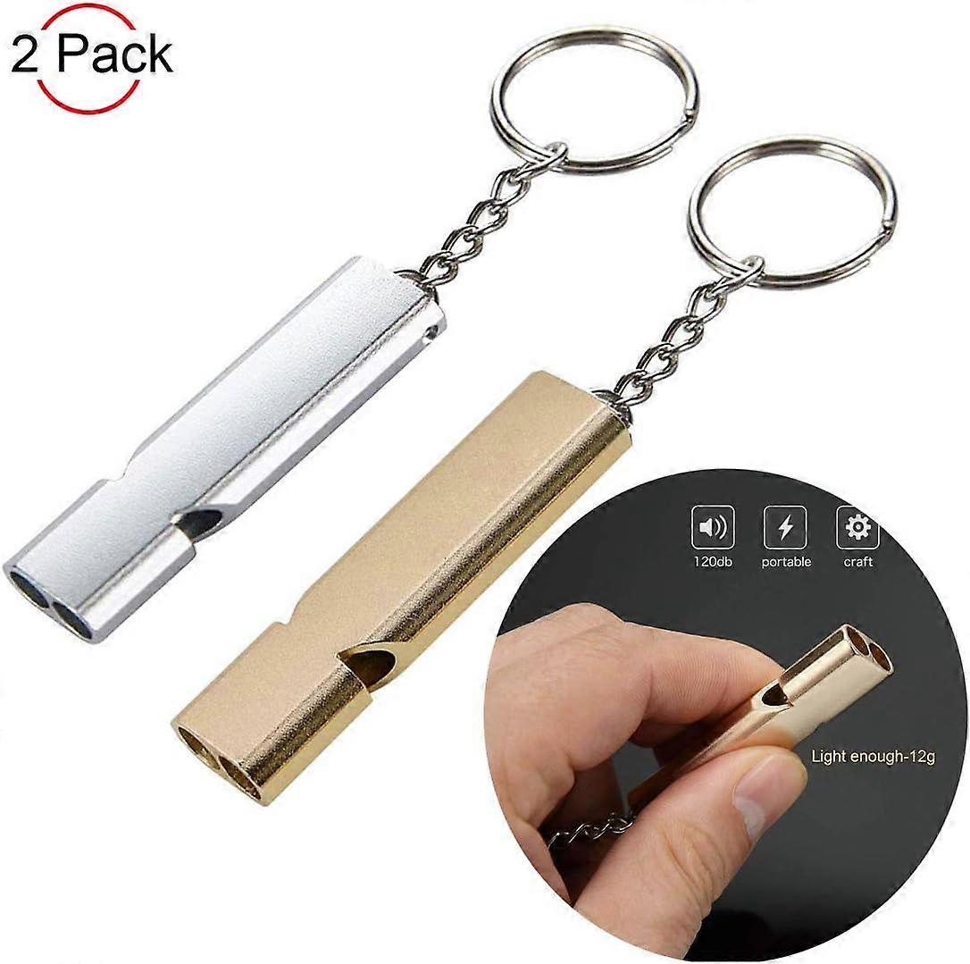2pcs-Referee Whistle, Survival Whistle, Child Whistle, Double Metal Tubes High Decibel Keychain Whistle for Camping Lifeguard Hiking and Playing Game