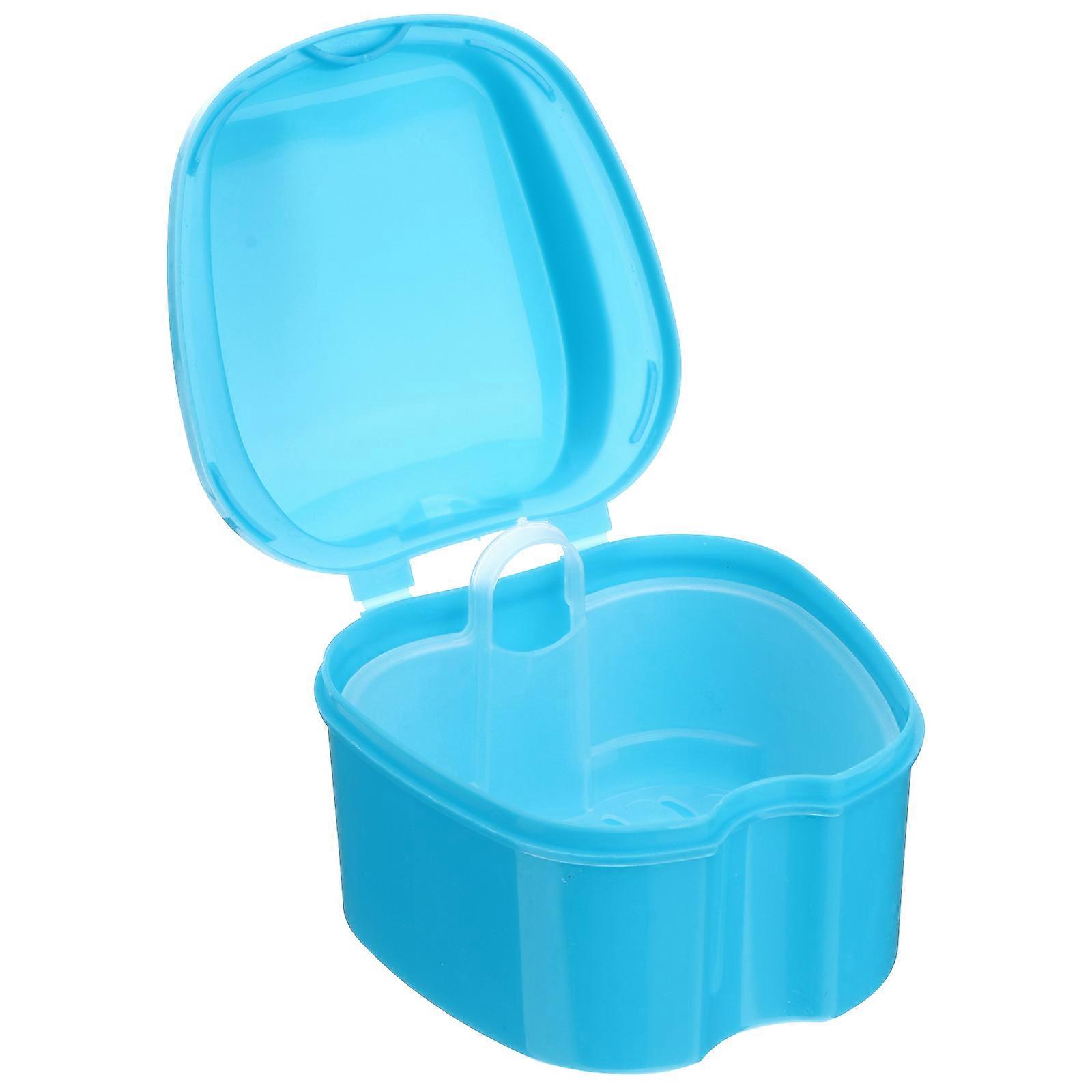Denture Box Case Denture Bath Box Case Dental False Teeth Storage Box with Hanging Net Container (Light Blue)