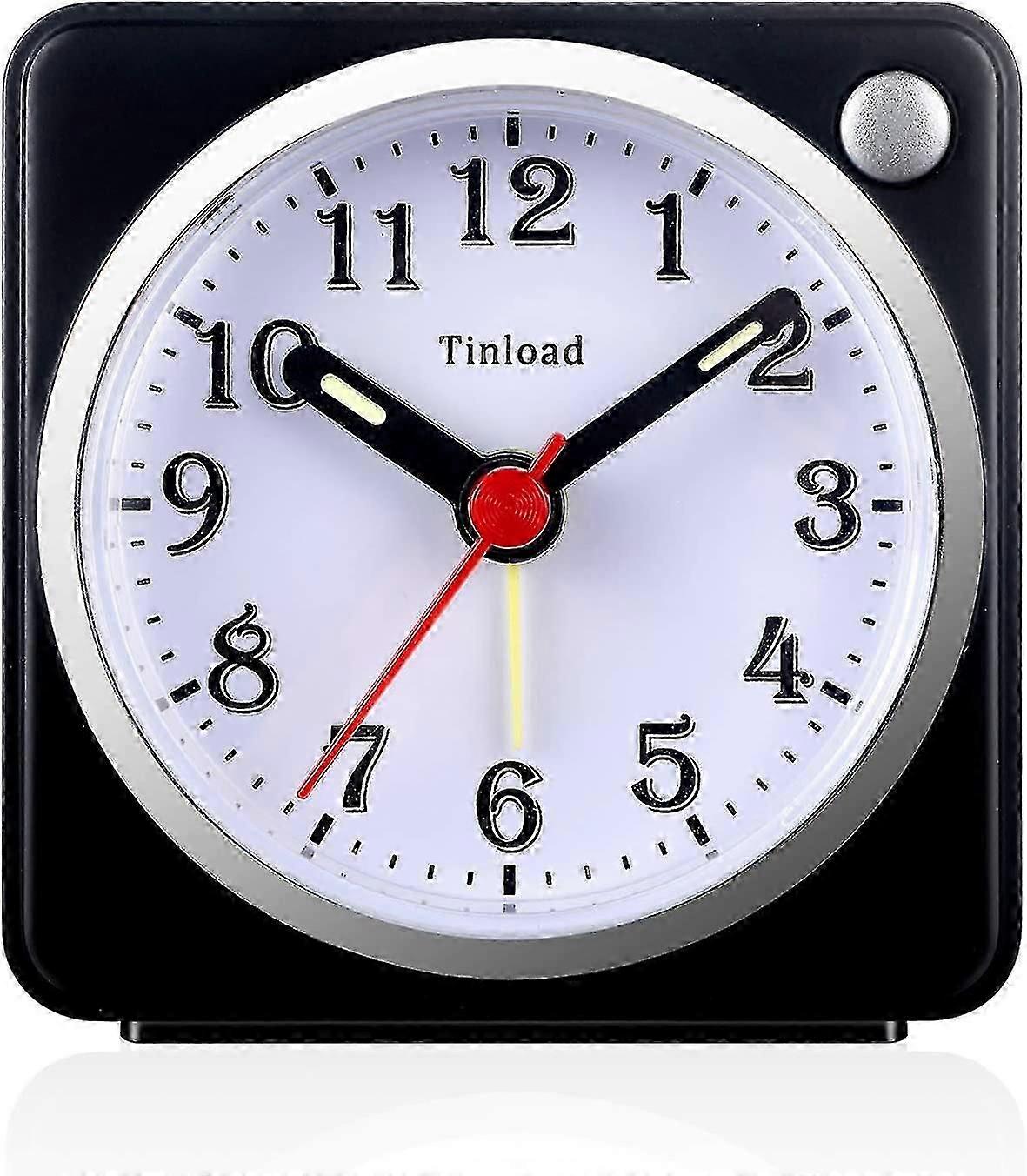 Liten analog reseväckarklocka tyst utan tickande, snooze, stigande pipljud, batteridriven, ljusfunktioner, enkel uppsättning (svart)