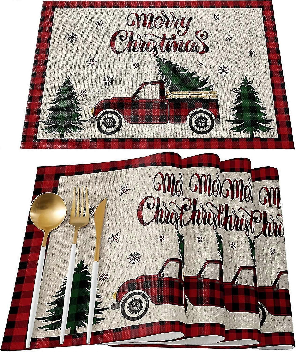 Placemats Set Of 6 Heat-resistant Placemat For Dining Table Christmas Elk Snowflake Red Buffalo Check Plaid Table Placemats Set Indoor And Outdoor Dec