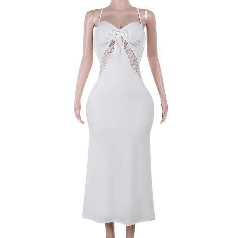 Autumn Women's Temperament Lace Patchwork Back Swing Collar Strap Top Dress