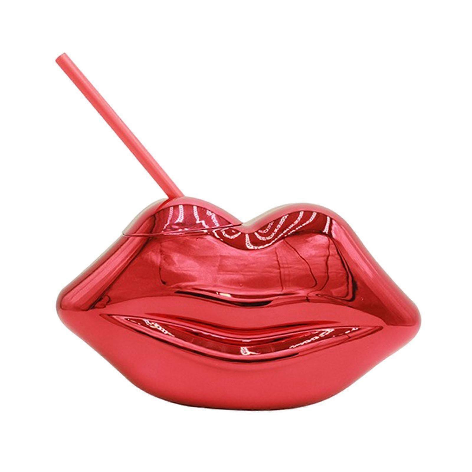 Lip Shaped Cup Electroplated 700ml Disco with Straw for Club Home Office Bar Red
