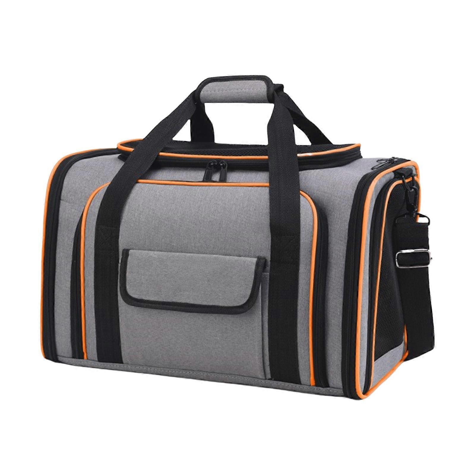 حقيبة مريحة للسفر للحيوانات الأليفة حقيبة شبكية كبيرة قابلة للطي جيدة التهوية للقطط مع ضبط حزام الكتف شريط برتقالي رمادي