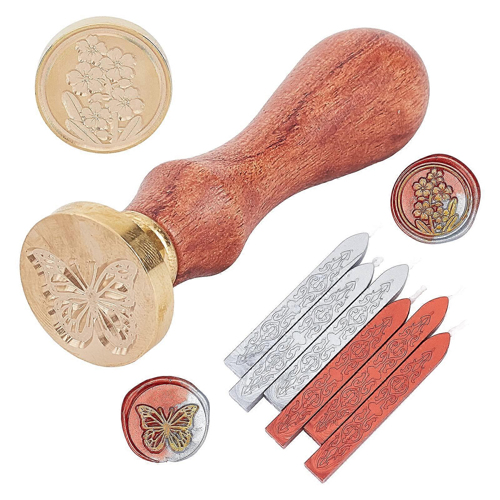 2pcs Sealing Wax Stamp Kit with Wooden Handle and Colorful Wax Sticks, Classic Vintage Design for Invitations and Crafts