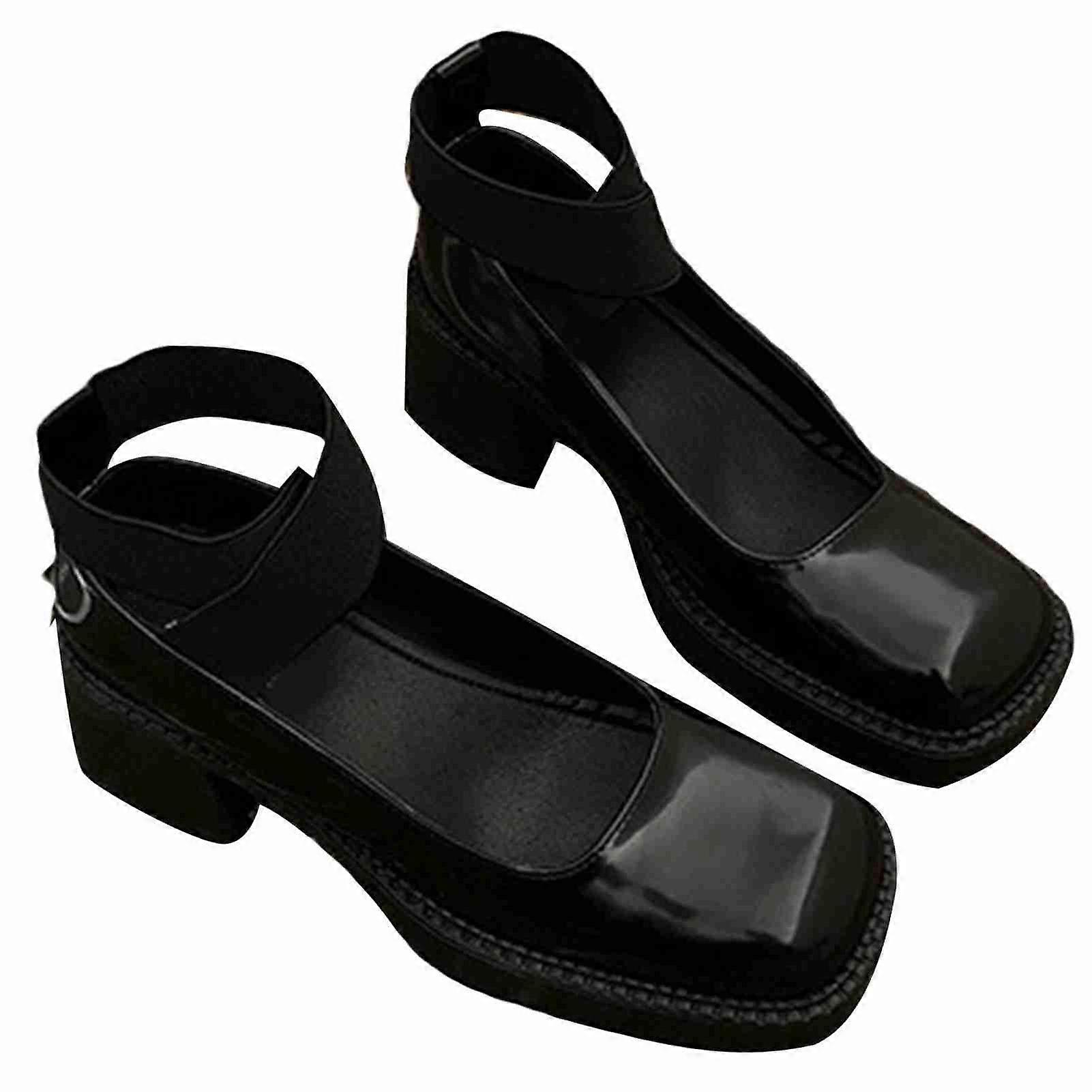 Women Close Toes Shoes Elastic Crossing Ankle Strap Rubber Sole Prevent Slip Block Heeled Shoes