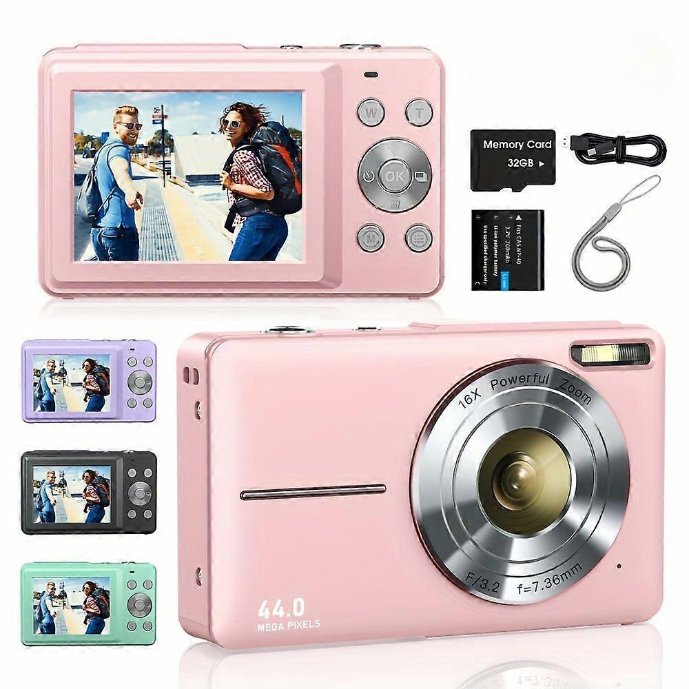 Digital Camera 44Mp Small Portable Compact Camera With 32Gb Card Pink