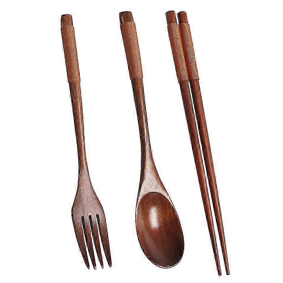 Wooden Flatware Set, Wooden Portable Set Spoon Fork Chopsticks Tableware Dinnerware with Khaki Twining Thread JN