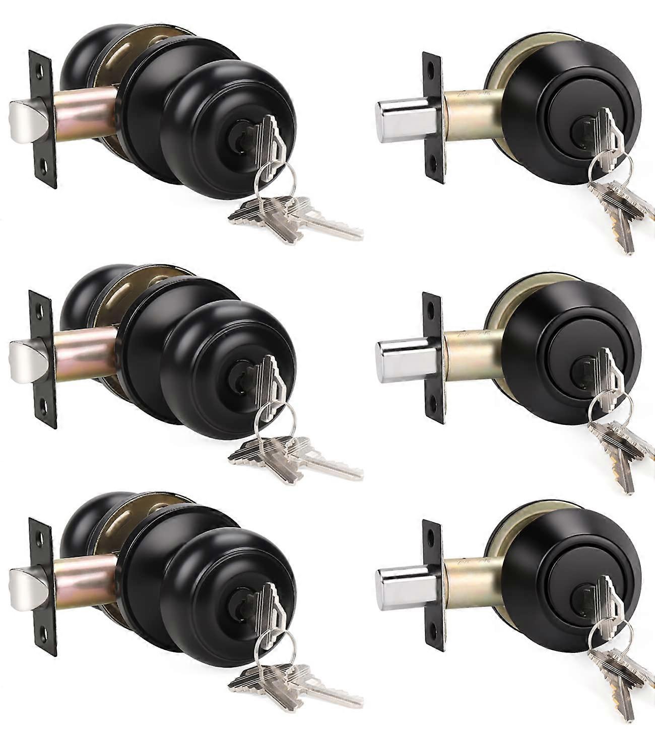 3 Pack Entry Door Knobs and Single Cylinder Deadbolt Lock Combo Set with Matte Black Finish for Exterior Door