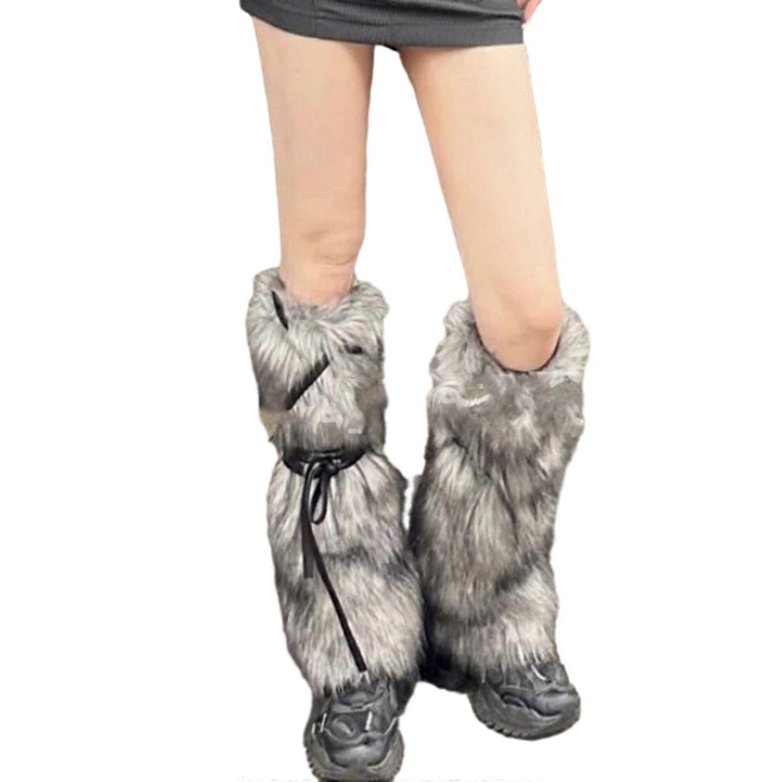 Thick Boot Cuffs Leg Warmers for Women Winter Warm Harajuku Goth Punk Lace-Up Bandage Furry Plush Boot Cover Long Socks Gray 40CM