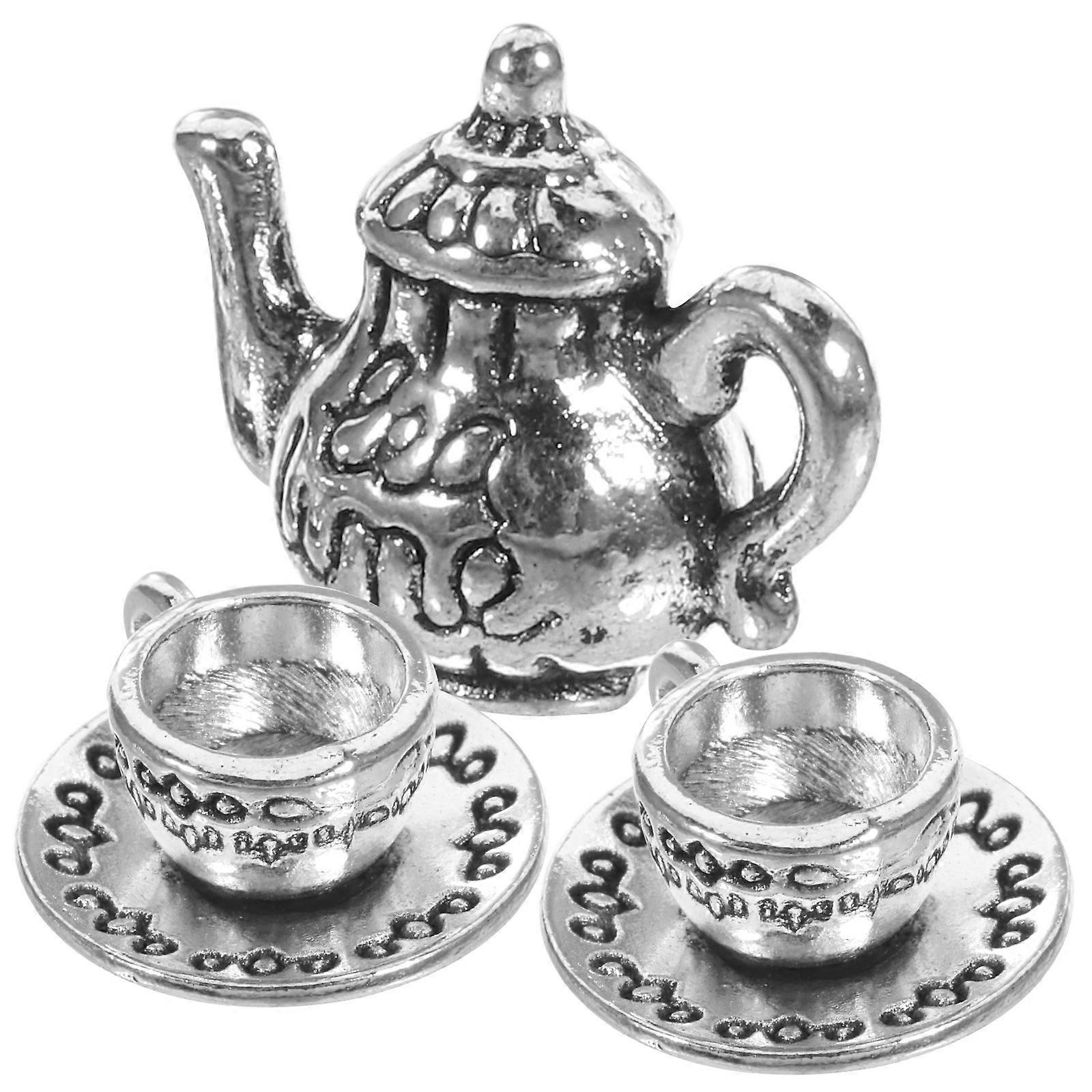 1 Set Mini Metal Teapots Miniature Teapot Statue Mini Kitchen Prop Simulated Teapot Models with Tea Cup