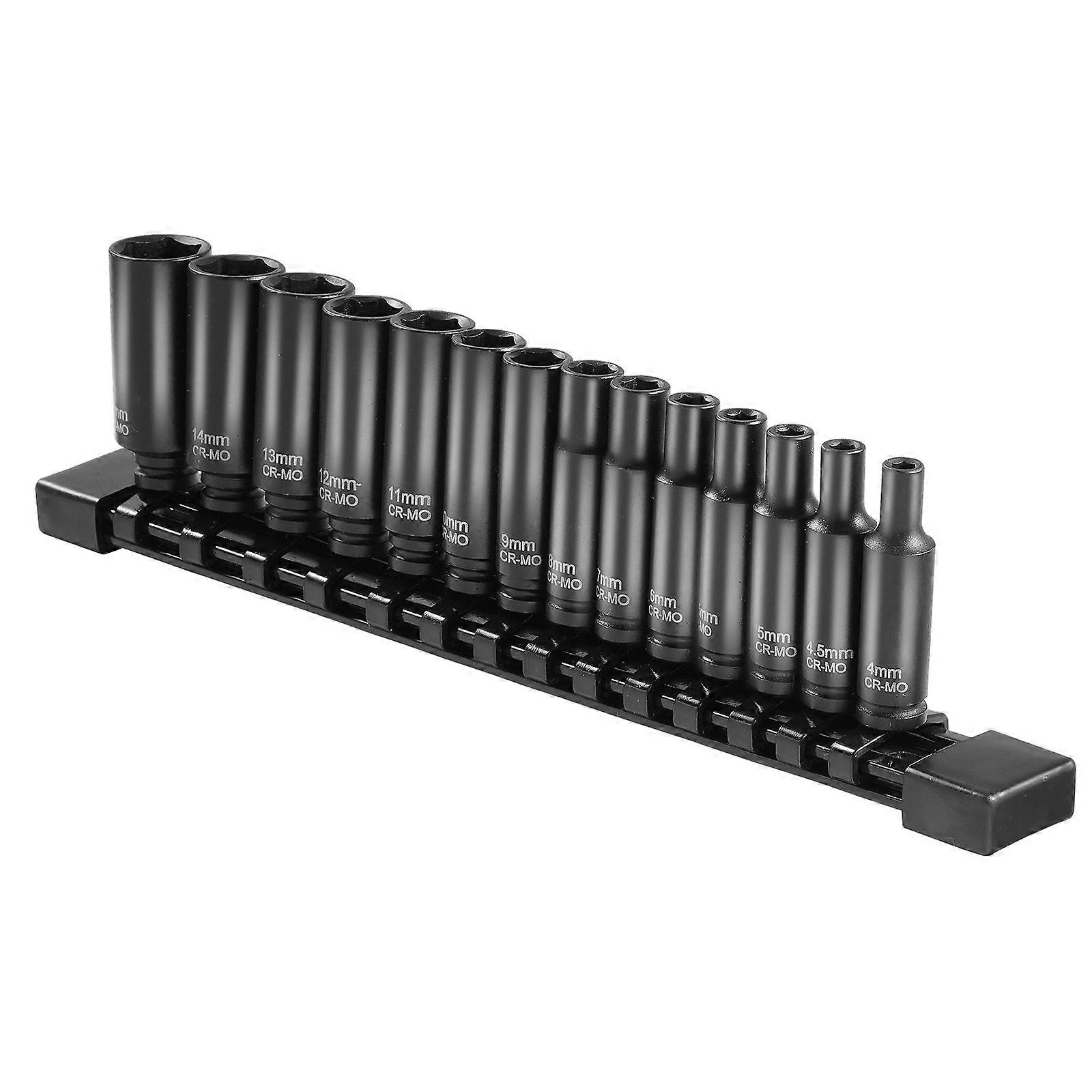 1/4" Drive Impact Socket Set, 14 delar Deep Socket Set Metrisk 4-15mm, 6 Points Cr-Mo legerat stål för bilreparation, Socket Organizer