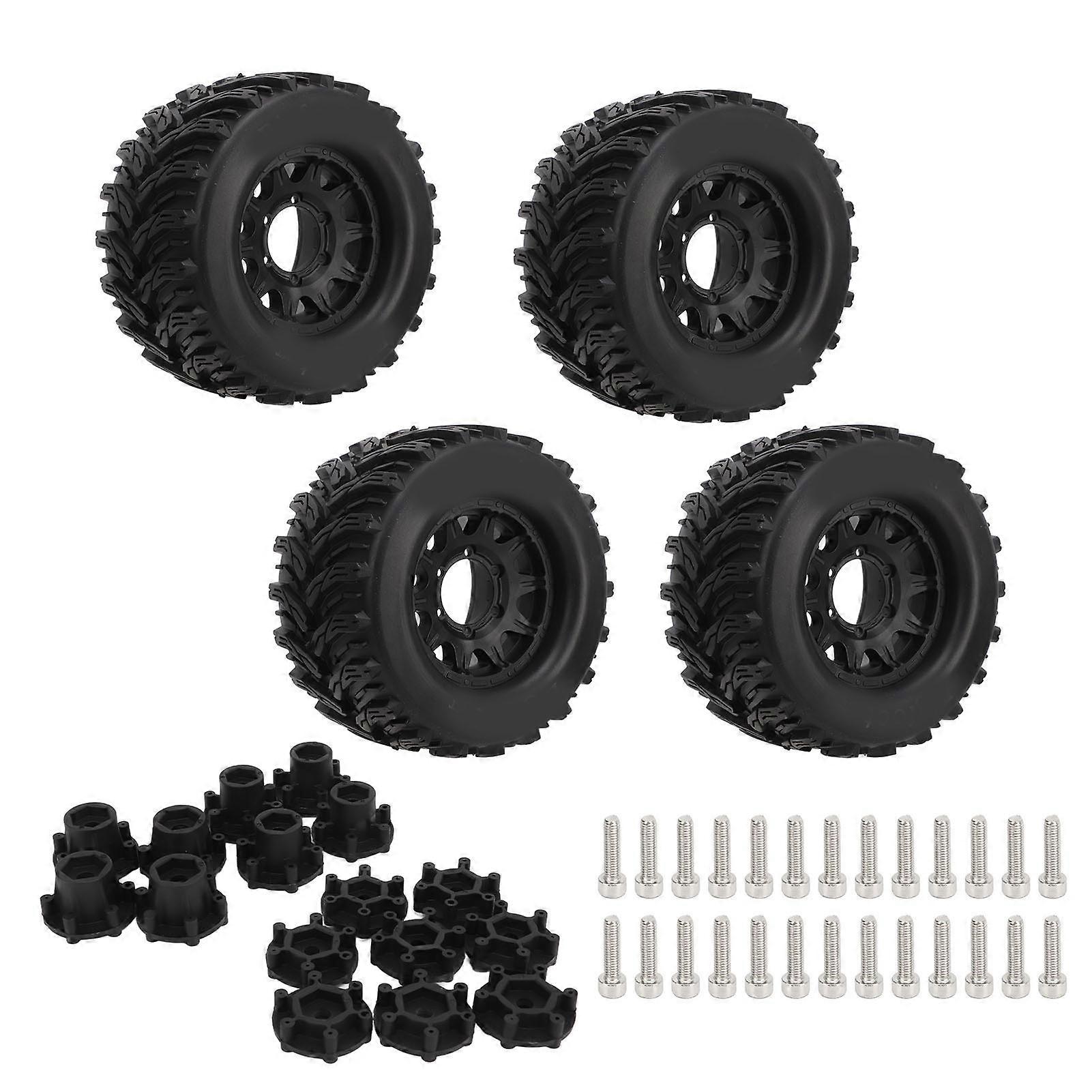 4 Pcs 1/10 RC Car Tire Set Thickened Anti Slip Strong Cushioning RC Tires and Wheels with 12mm 14mm Coupler for Traxxas