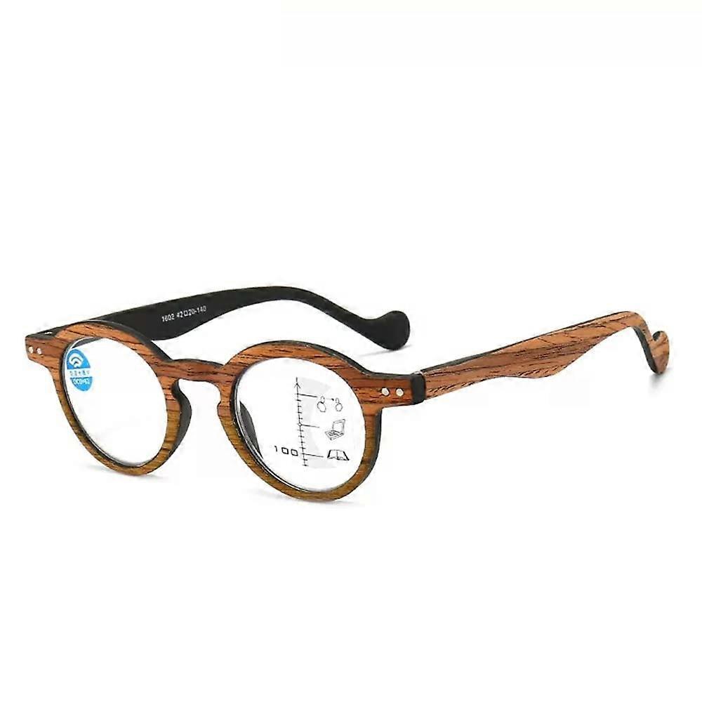 Wood Grain Reading Glasses Round Readers Progressive Multifocus Computer Glasses Blue Light Blocking Unisex Brown +2.50