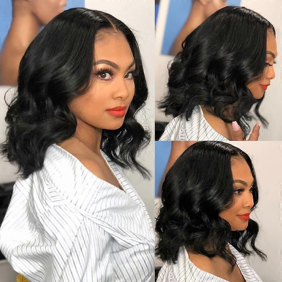 14 Inch Short Wavy V Part Wig Glueless Bob U Part Synthetic Hair Natural Black Soft Body Wave for Black Women