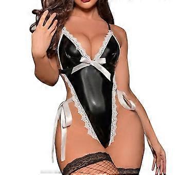 Women One Pieced Lingerie Sexy Bows Bodysuit Leather Teddies Chemise Nightie Deep V Neck Teddies Babydoll Nightgown  XL Red