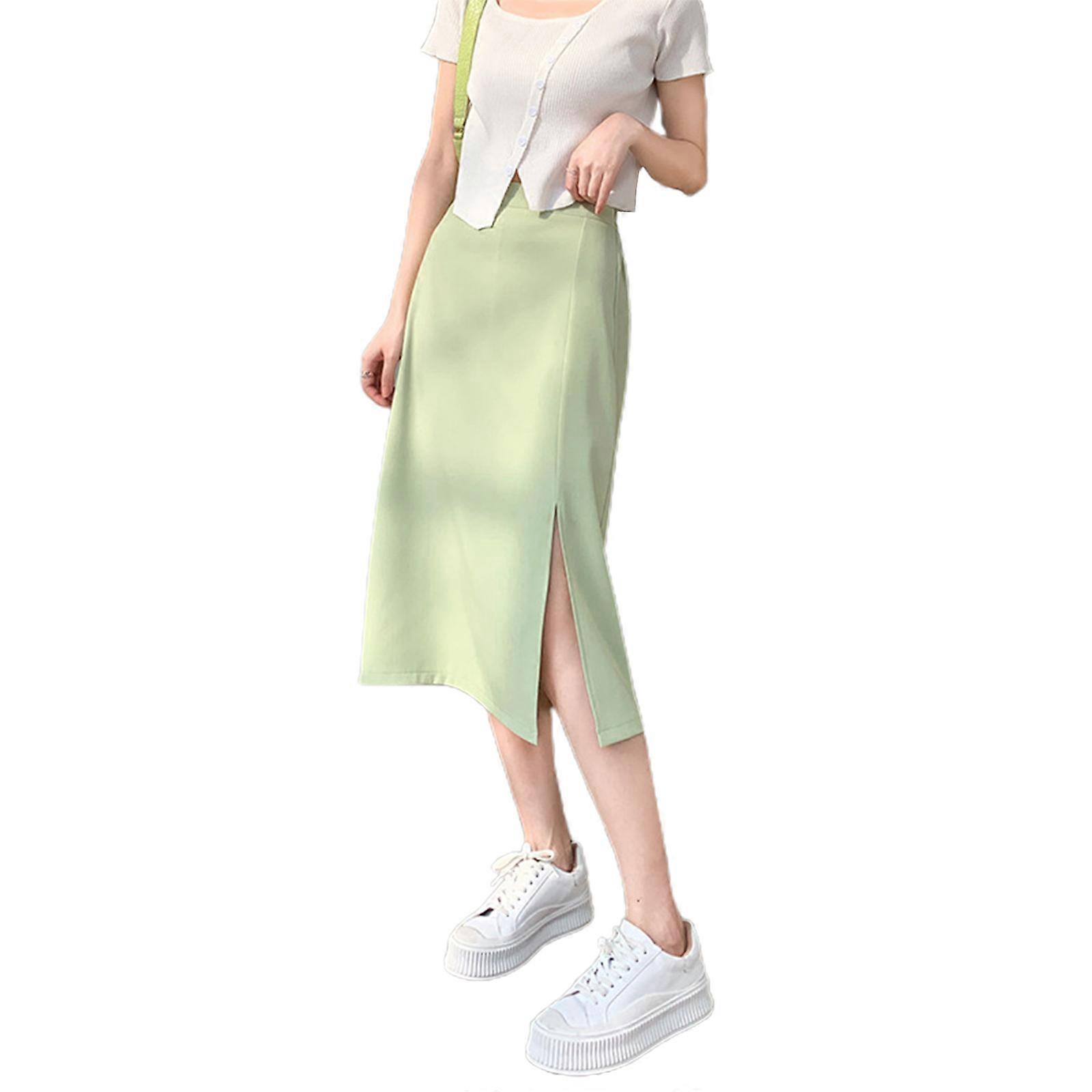 Woman Solid Color Midi Skirts Spring Summer Elastic High Waist Low-split Design A-line Midi Skirt Female Clothes Grass green XL
