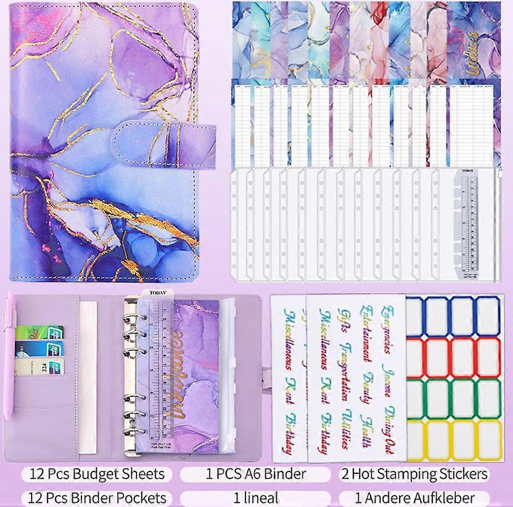 Binder Notebook, A6 Binder Budget Notebook Budget Planner with Clear Cash Envelope, Budget Sheet and Label Sticker (Color: Purple Marble)
