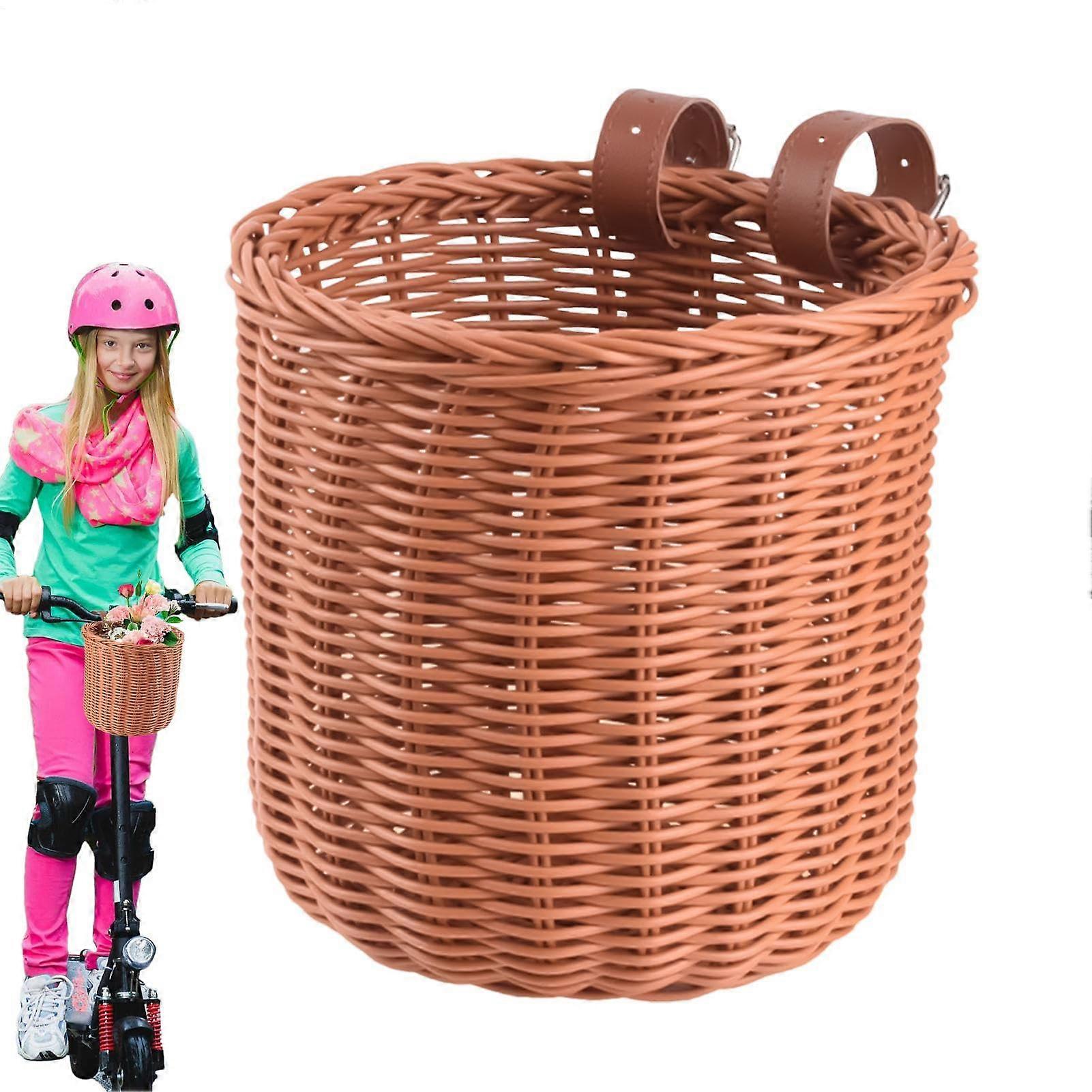 Front Handlebar Bikes Basket 7.28 x 7.28 Inch Hand-Woven Lightweight Large Capacity Storage Holder with PU Straps Brown