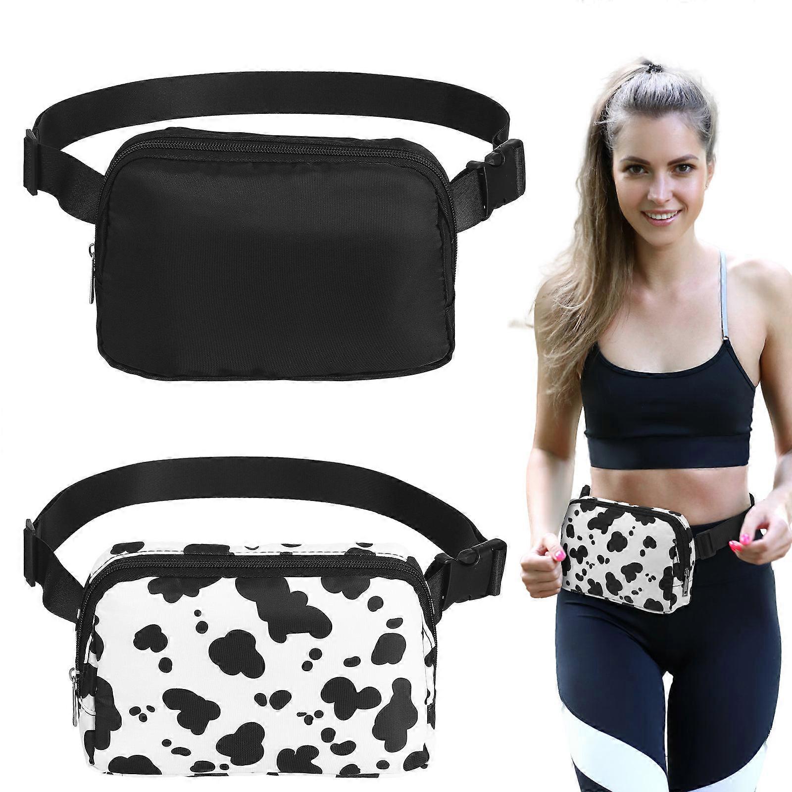 2 Pcs Fashion Fanny Packs for Men Women – Comfortable Sling Waist Bags with Stitching, Versatile Outdoor Travel Running Belt Pouches in Black and Cow
