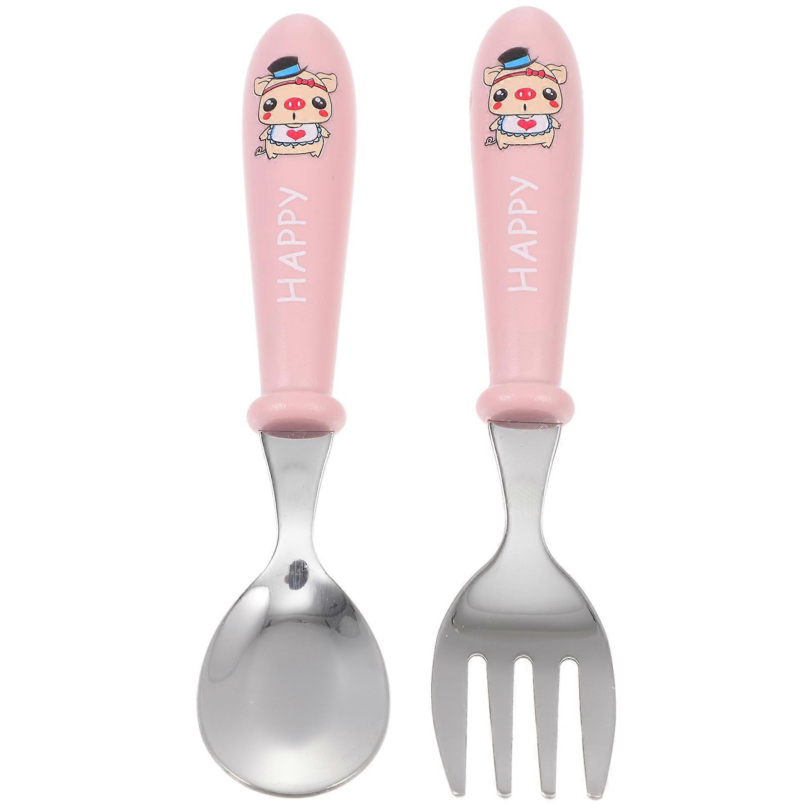 Stainless Steel Tableware Toddler Fork Spoon Set Home Kitchen Use Anti-Skid Fall-Proof 13X3X1.5CM Pink 1Set