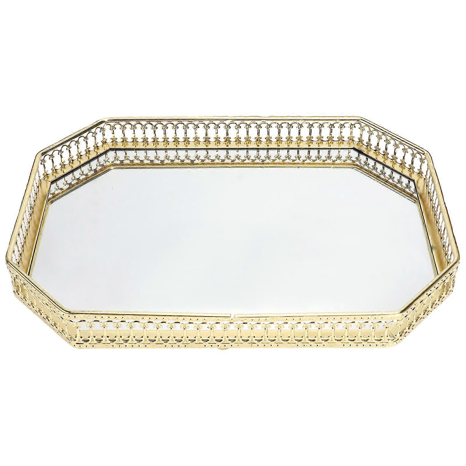Small Glass Tray Nordic Style Aluminum Glass Plate Cosmetics Storage Decoration Home Use 28.5x20.5cm 1Set