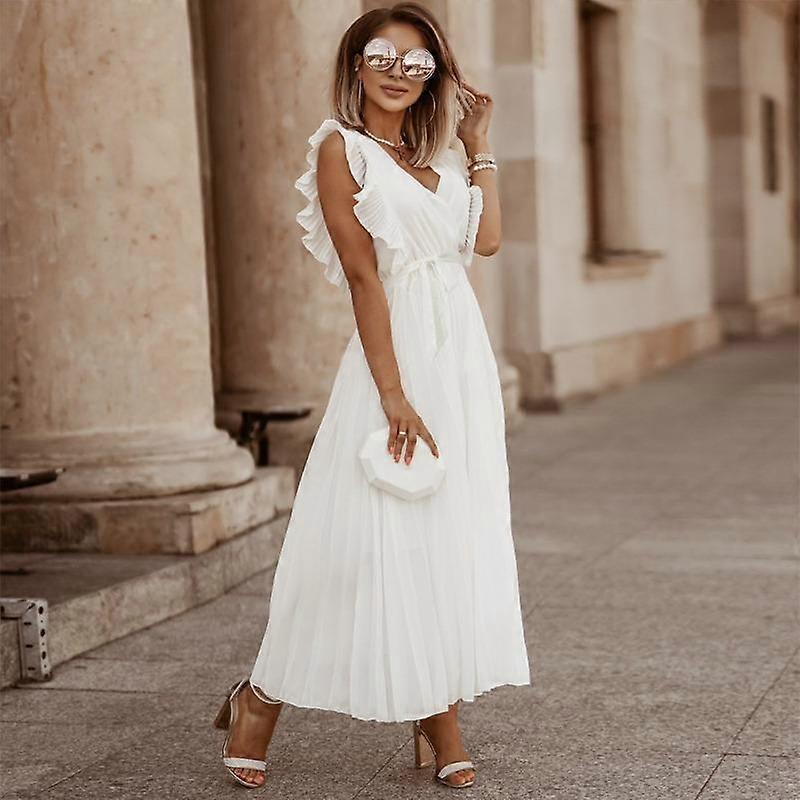 Beach Slim Sexy Ruffle Sleeve Chiffon Pleated Solid Color Dresses