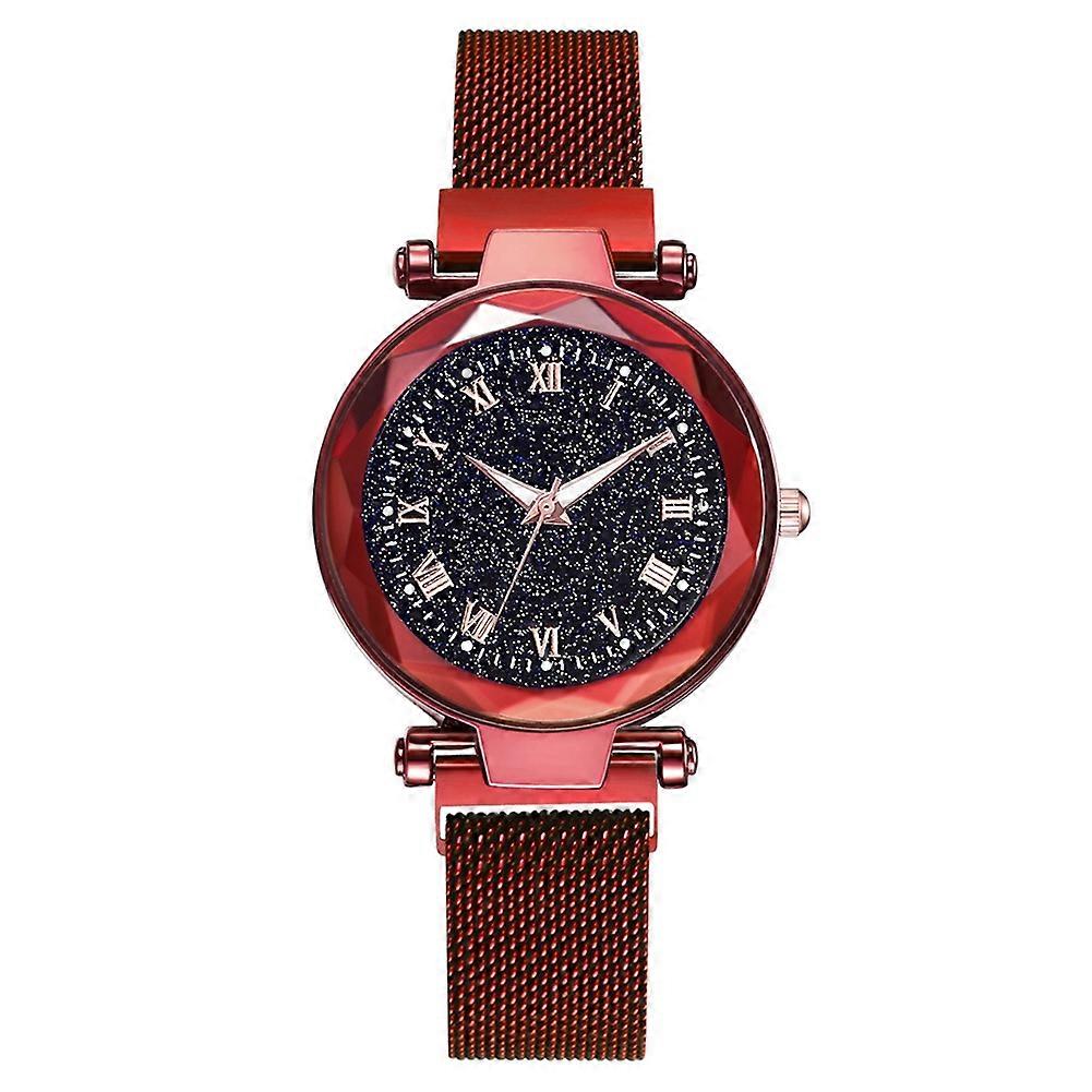 Women's Quartz Wrist Watch, Round Dial, Roman Numerals, Alloy Mesh Band (Red)