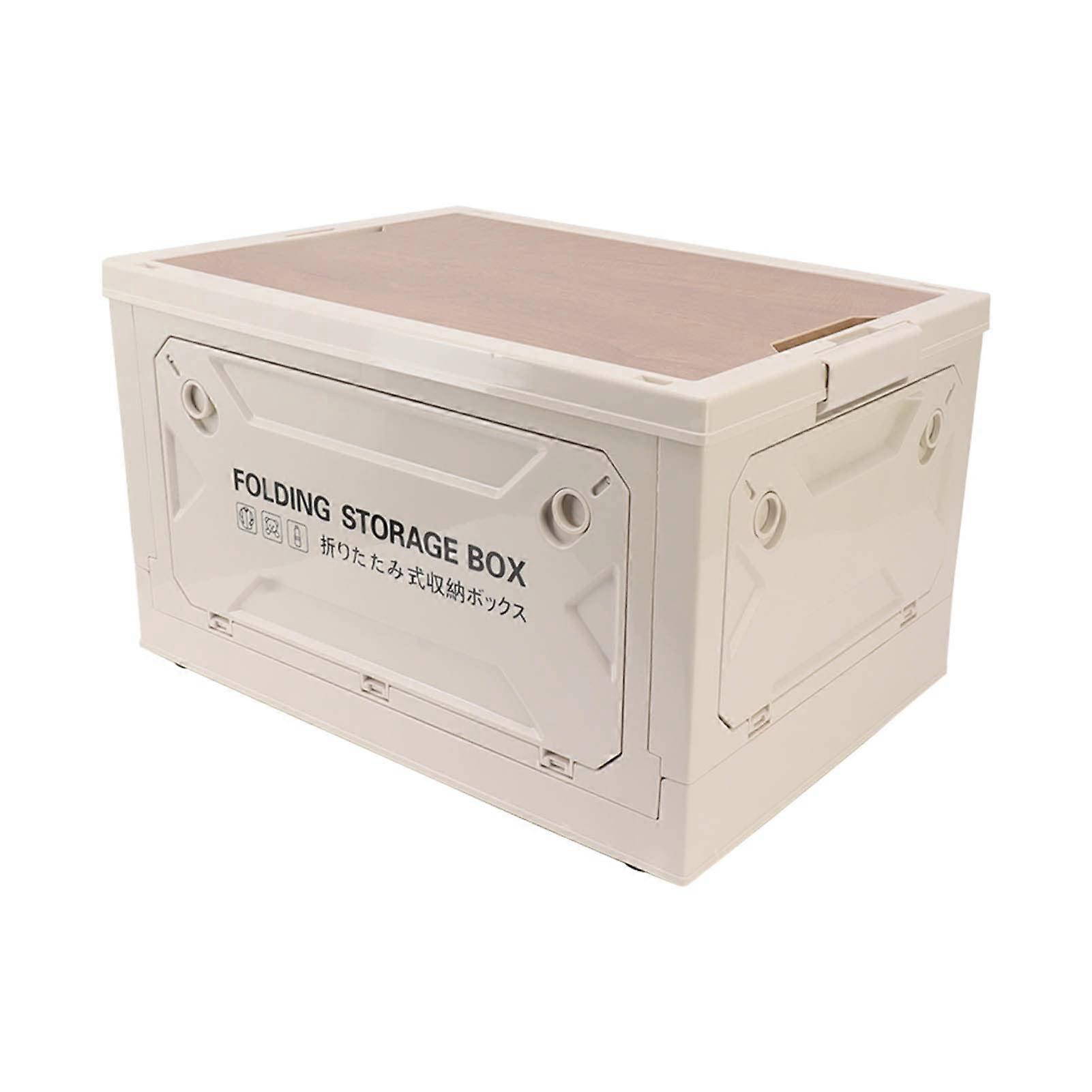 Foldable Storage Box, 50L Plastic Container with Wooden Lids, Multidirectional Open (Grey/White)
