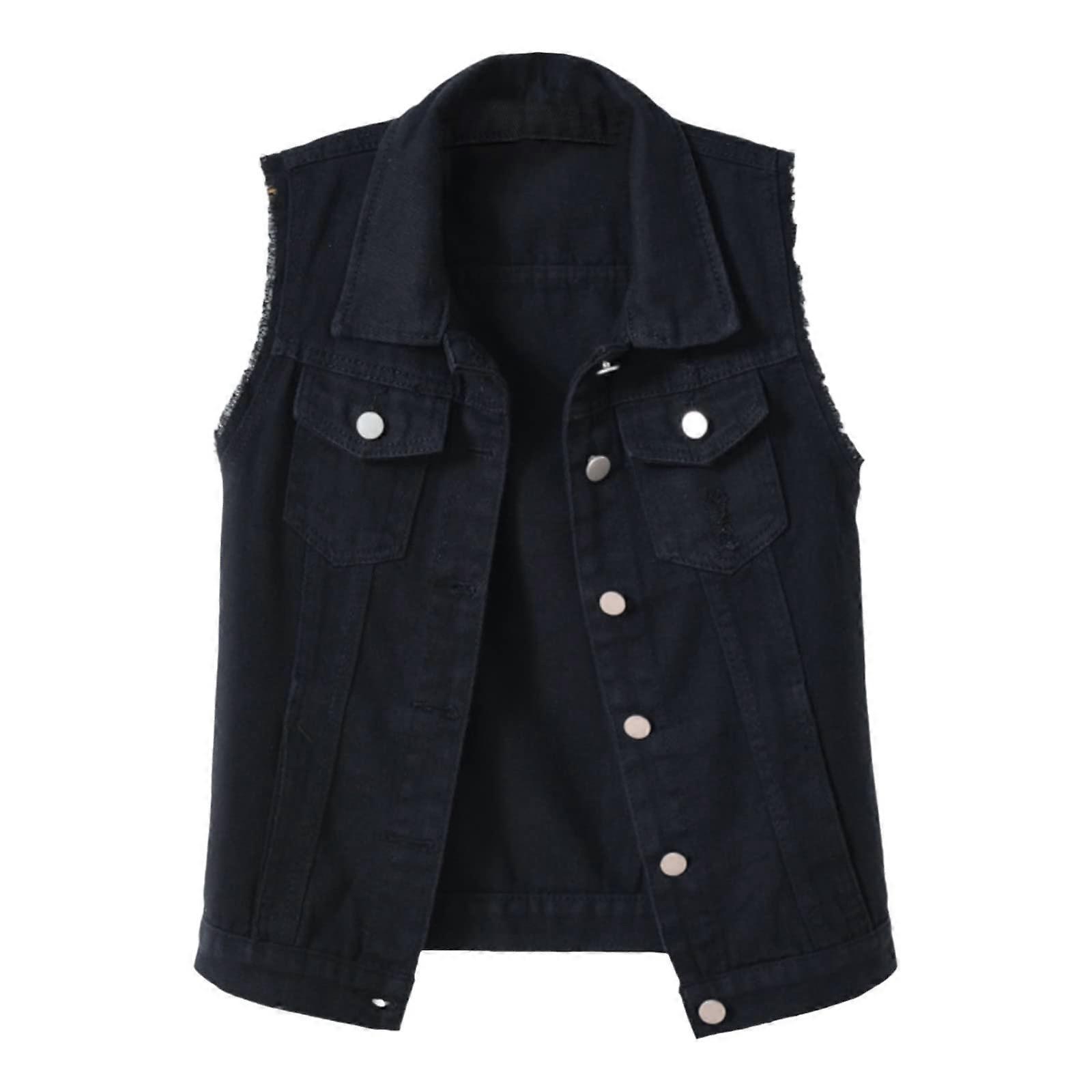 Jack Will  Loose Solid Shirt Jeans Jacket Sleeveless Denim Vest Women Color Women Denim Vest  Denim Jacket 4XL Black