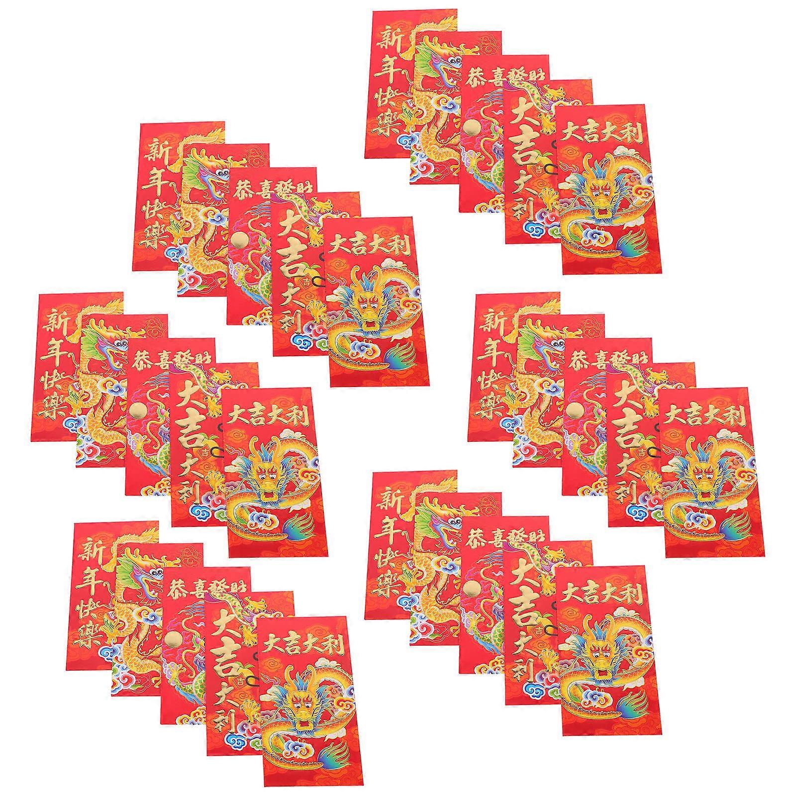 30pcs Chinese New Year Red Envelopes Dragon Year Money Pouches for Cash Gifts, Long Style, Assorted Designs, Lunar Festival Celebration