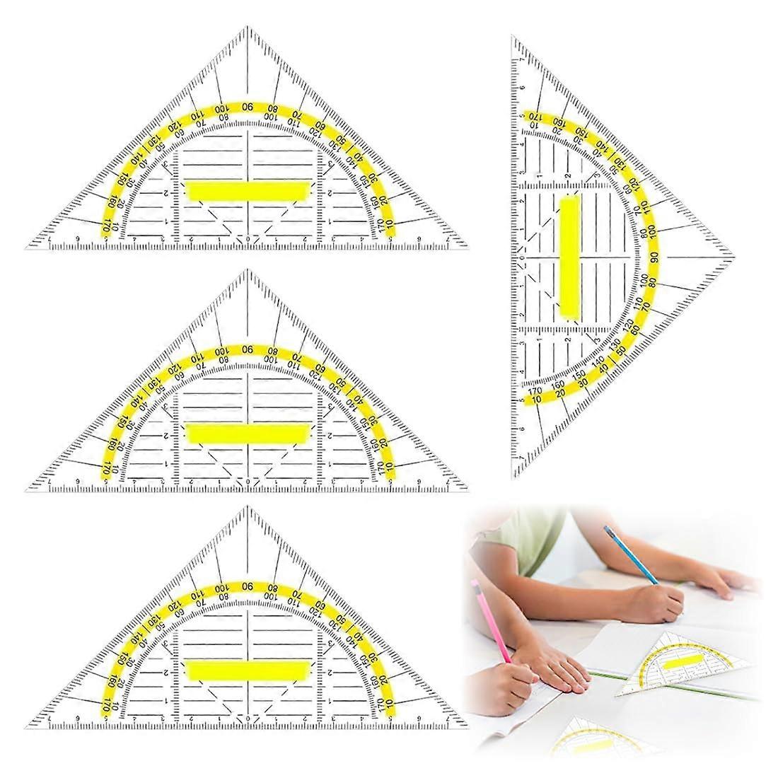 Set Square Geometry Ruler Set of 4 with Handle, Plastic Triangular Rulers for Primary School, Small Triangle Measuring Tools