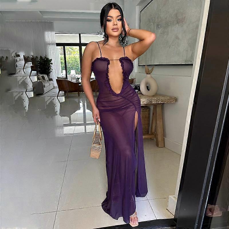 Women's New Sexy See-through Polyester Net Solid Colour High Split Dresses