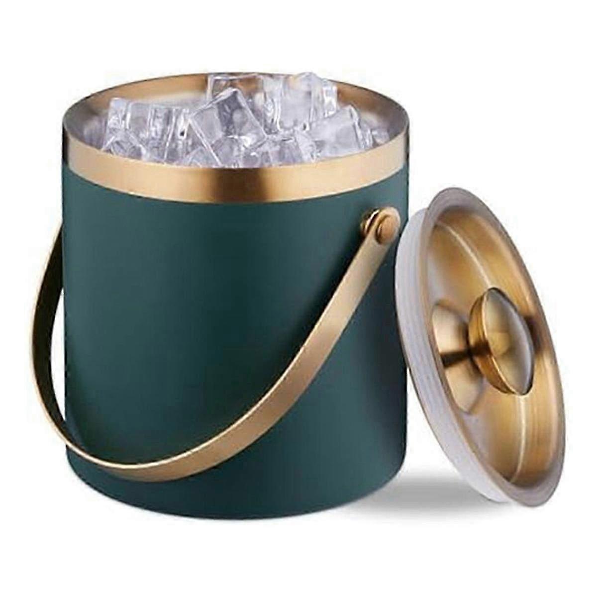 Seau à glace en acier inoxydable à double paroi avec couvercle et poignée - Design élégant vert et or pour les fêtes et les réceptions