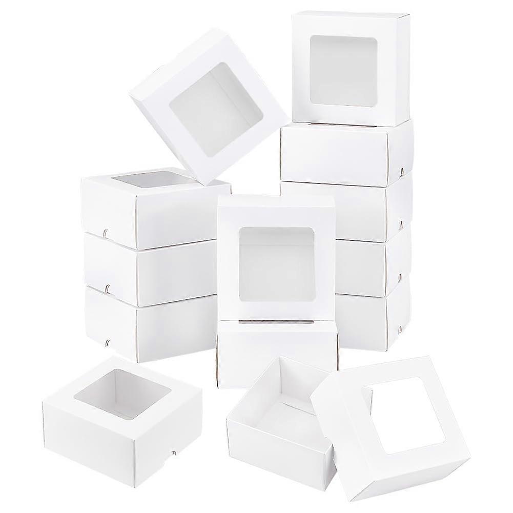 White Kraft Paper Boxes with Clear Window, 10x10x5 cm Square Gift Boxes, Pack of 12 for Wedding Gifts and Soap Candy Packaging
