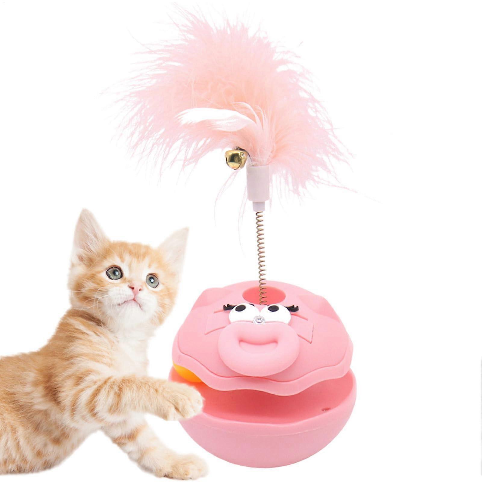 Cat Feather Toy, Rotating Play Ball with Feather  Bell for Indoor Play Pink