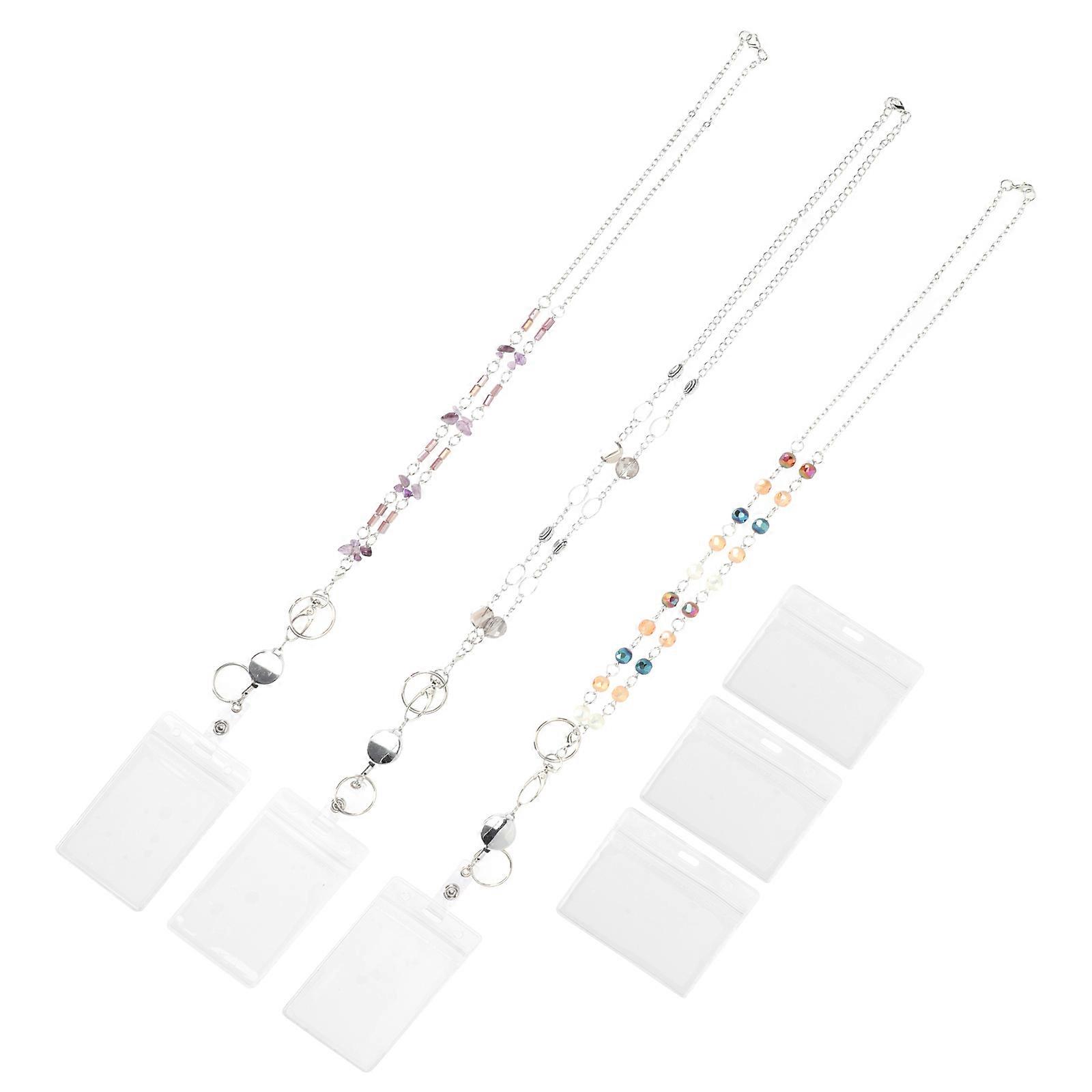 3 Sets ID Badge Lanyard For Staff Featuring Crystal Metal With Easy To Use Retractable Cord