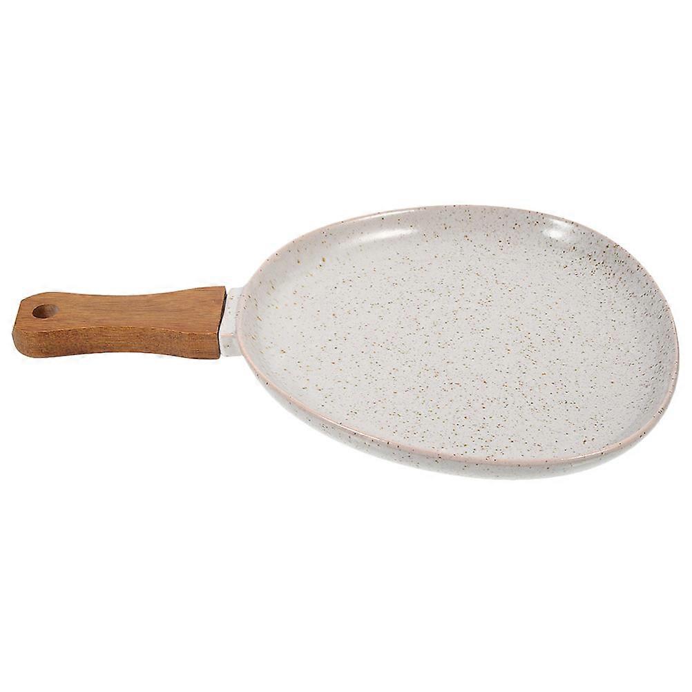 Grey Ceramic Dining Plate with Wooden Handle Microwave Oven Safe for Home Use 10.5 Inch