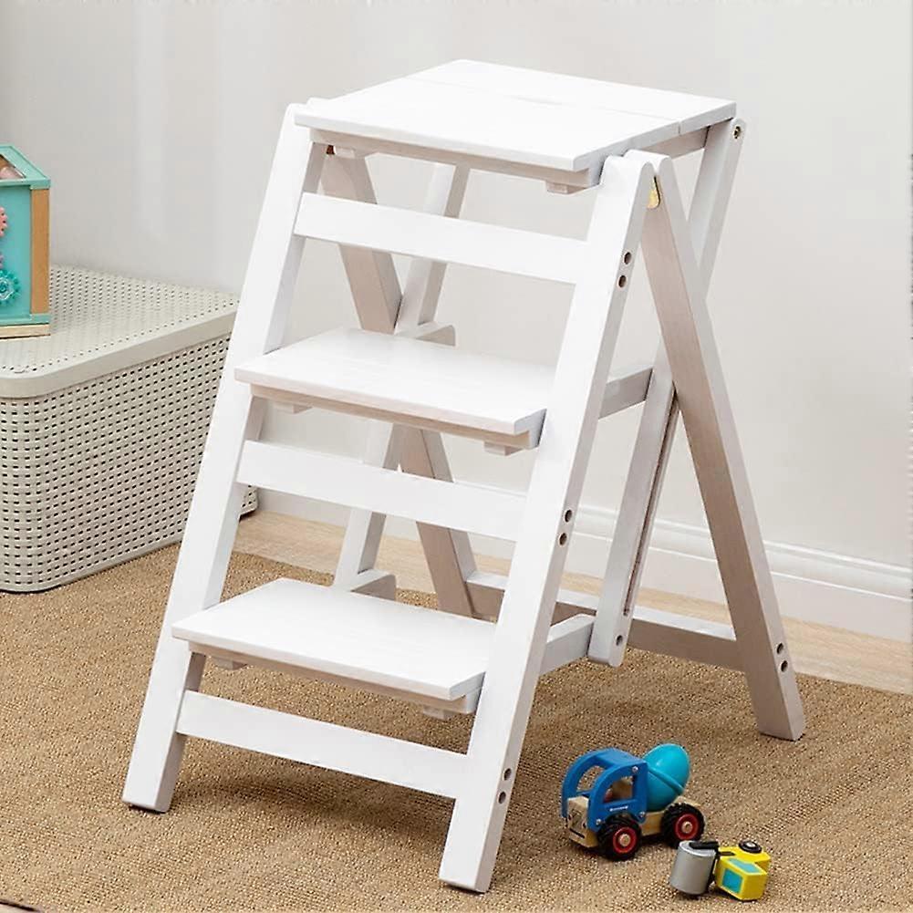 3Step Solid Wood Folding Step Stool/Ladder/Bar Stool for Adults (White)