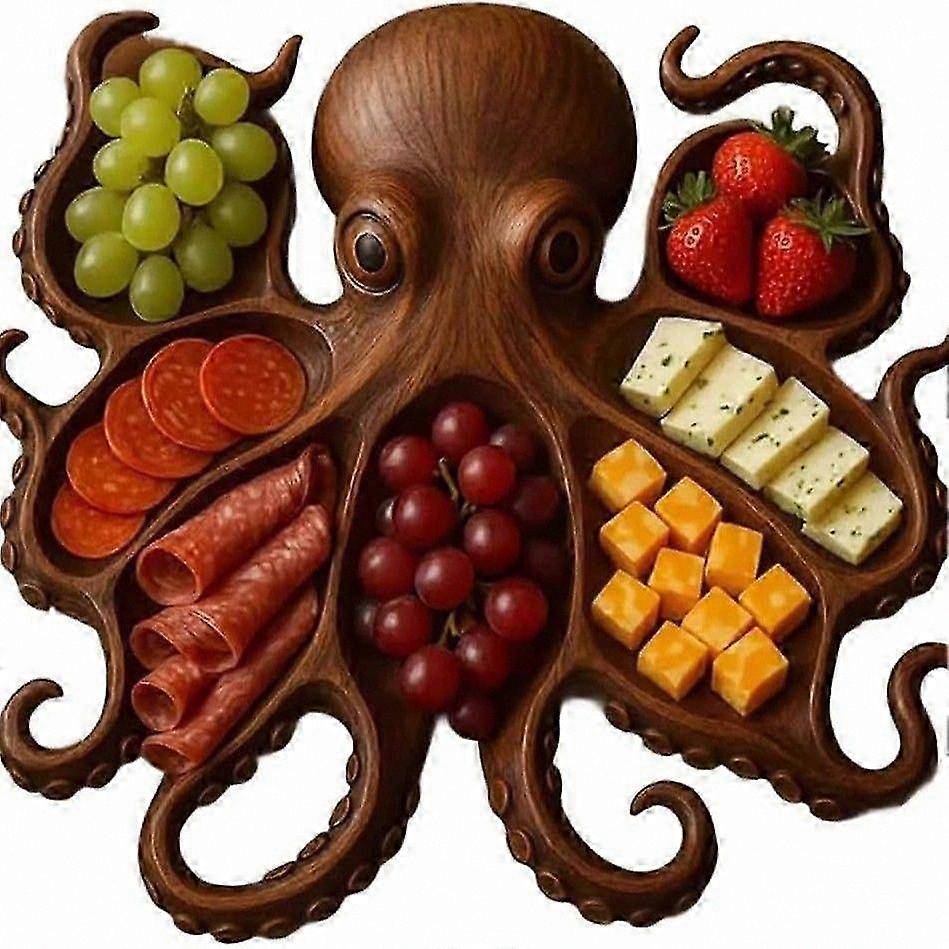 Ocean-Themed Wooden Serving Tray, Unique Octopus Design Platter for Cheese, Meats, and Fruit, Novelty Kraken-Inspired Bread Board for Parties and Even