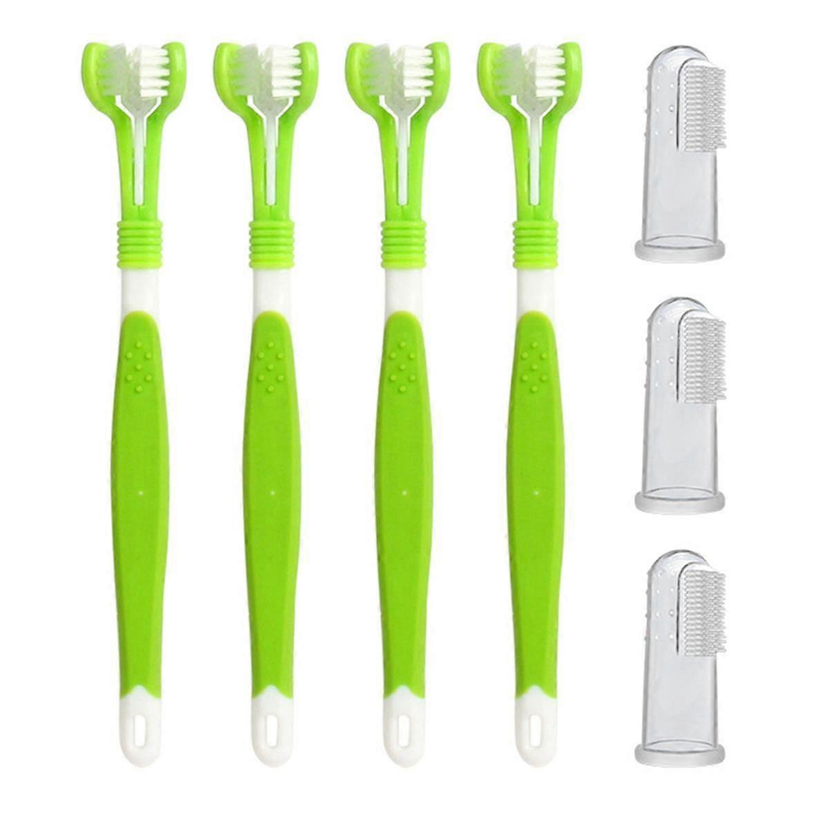 Pet Dog Toothbrush, 4 Triple Head Tooth Brush 3 Pack Finger Rubber Toothbrushes, Multi-Angle Dental