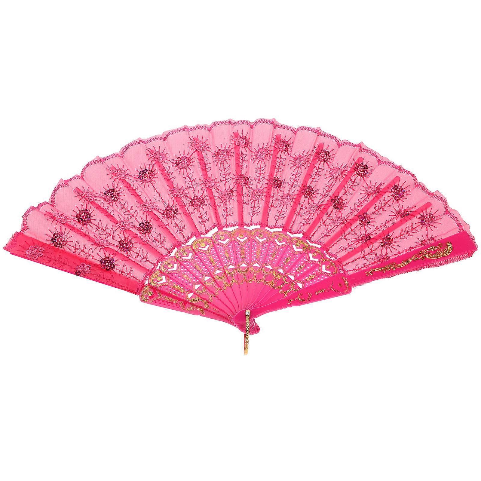 Pink Floral Lace Folding Fan for Women with Handle Ring for Summer Use, 24cm Length and 42cm Diameter