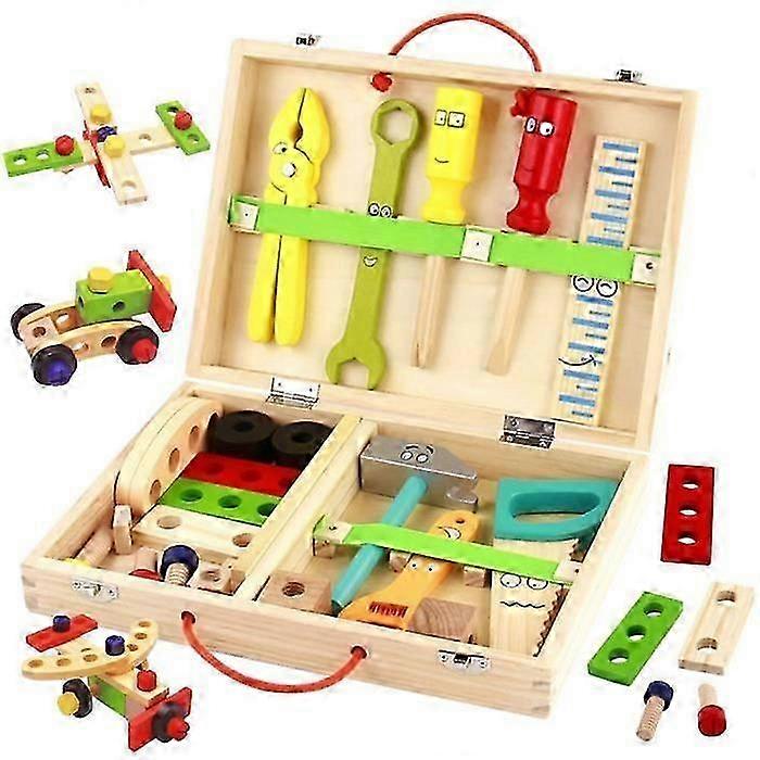 2025 SPECOOL 34-Piece Wooden Toolbox Set for Kids - Bright Colors - Lightweight and Portable