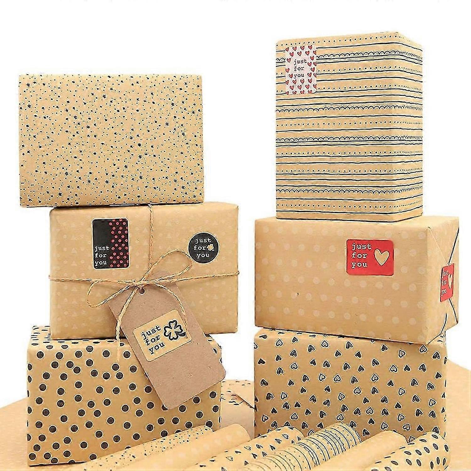 Kraft Gift Wrapping Paper,6 Sheets Kraft Paper with Tags and Sticker