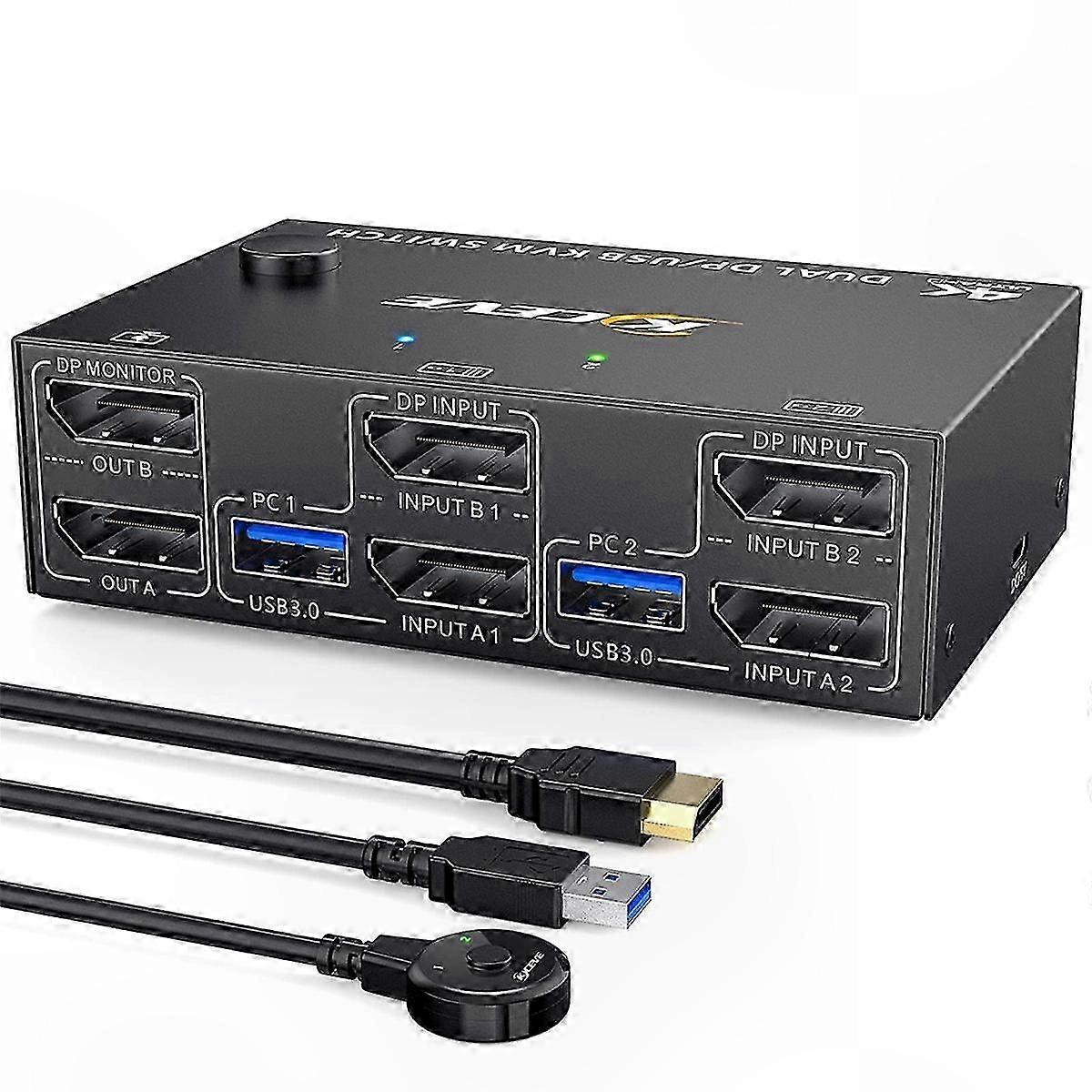 Commutateur KVM à deux ordinateurs avec 2 ports DisplayPort et 4 ports USB 3.0, configuration 2 entrées et 2 sorties