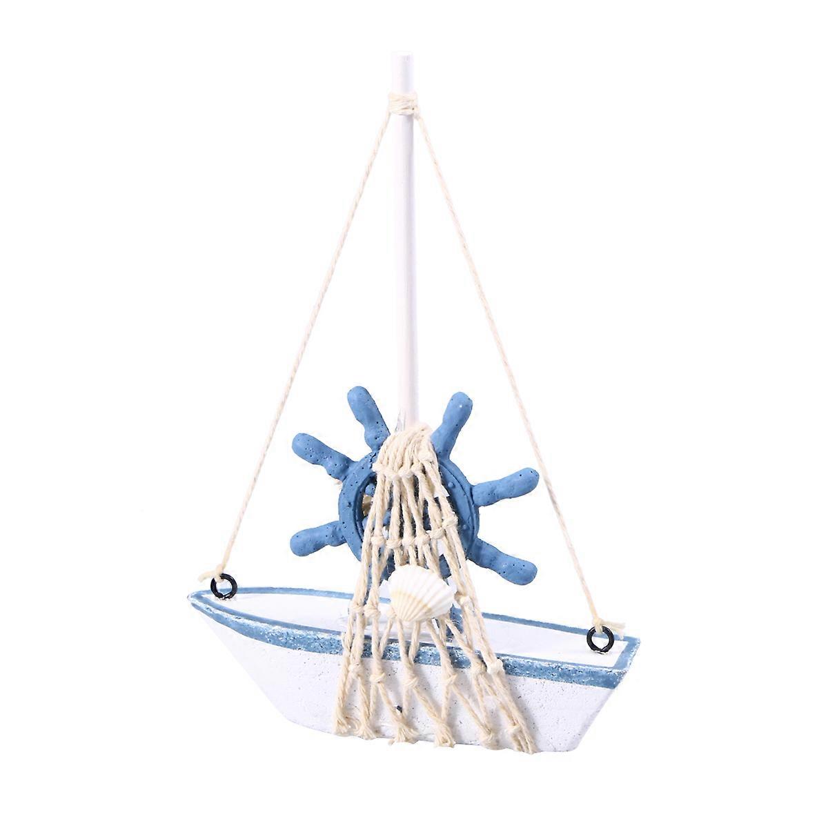 Blue Wooden Boat Model Toy for Decoration Handmade Mediterranean Sailboat Model