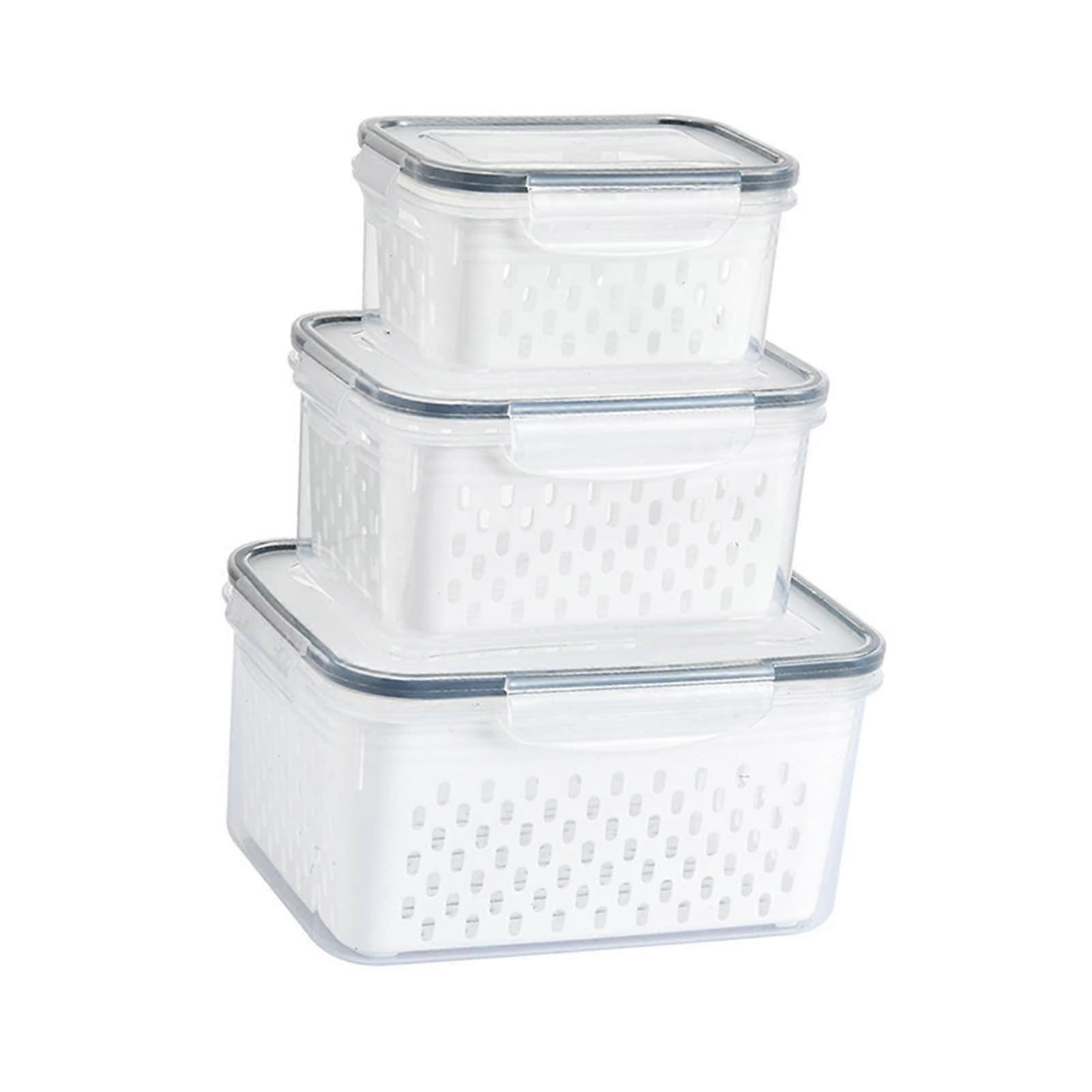 Drain Storage Basket Box Set - 3Pcs Leakproof Food Storage Containers with Colander, Stackable Design for Fridge, Space-Saving, Transparent