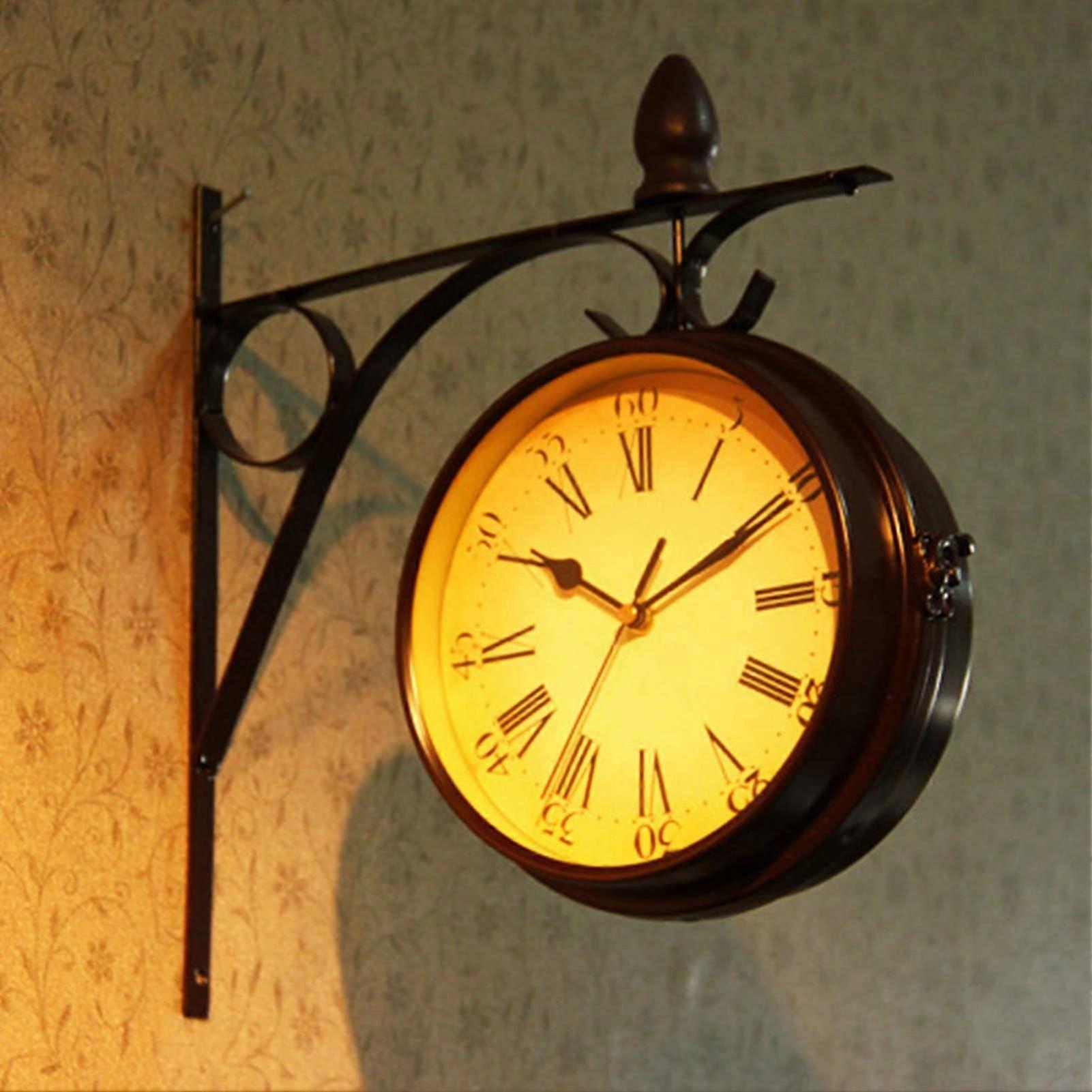 Industrial Wall Clock Double Sided, Retro Train Station, Weatherproof Outdoor Clock, Black 33x32 Cm